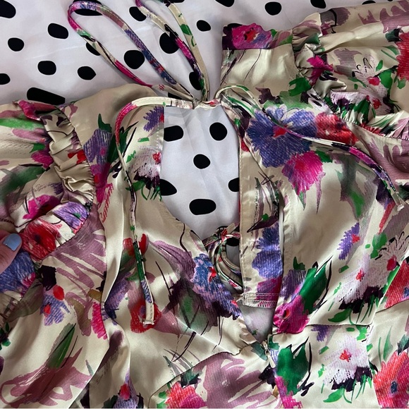 Topshop Floral Print Puff Sleeve Tie Front Satin Mini Dress - Picture 7 of 7